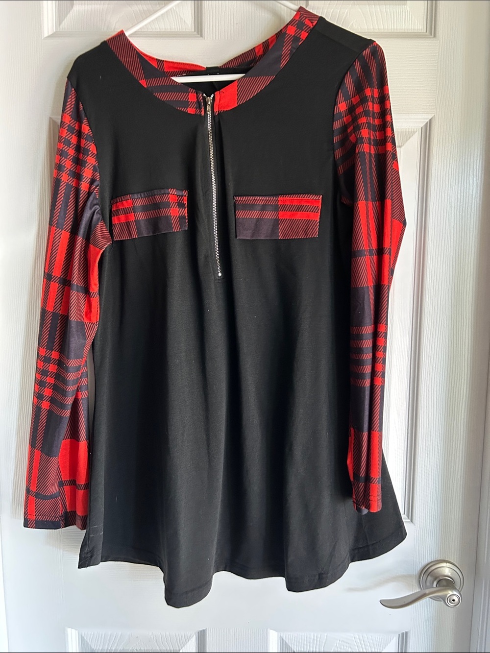 Black Top with Red Plaid Accents - Women's Long Sleeve